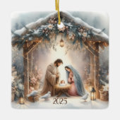 Rustieke kerststal met winterbloemen Kaart Keramisch Ornament (Voorkant)