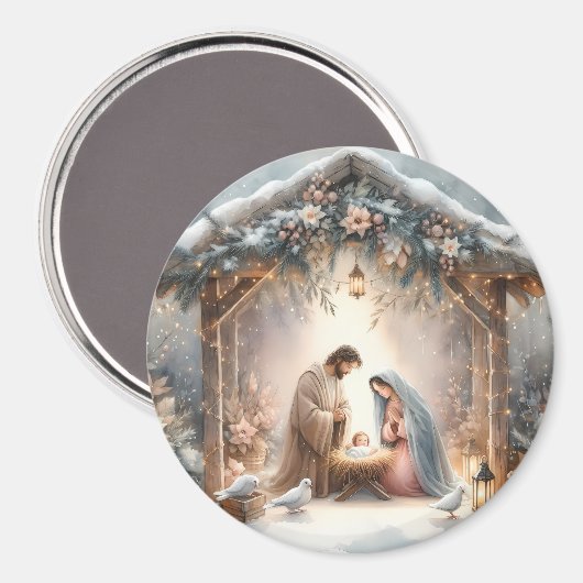 Rustieke kerststal met winterbloemen magneet (Voorkant / Achterkant)