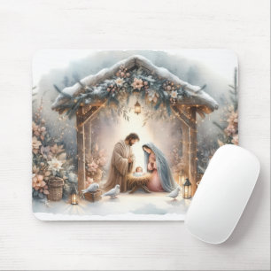 Rustieke kerststal met winterbloemen muismat