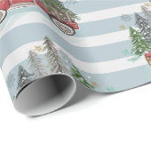 Rustieke kersttruck Bomen Blauw Gestreept Cadeaupapier (Rol Hoek)