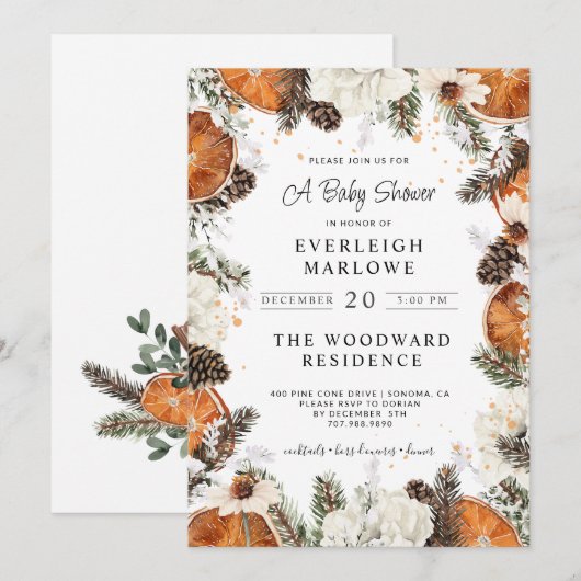 Rustieke kerstvakantie Baby shower Citrus Pine Kaart (Voorkant / Achterkant)