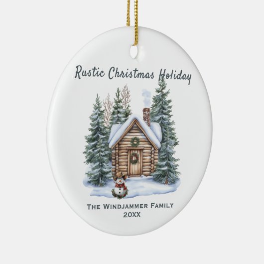 Rustieke Kerstvakantie Cabin Snowman Keramisch Ornament (Rechts)