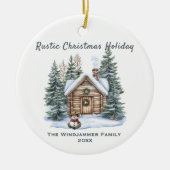 Rustieke Kerstvakantie Cabin Snowman Keramisch Ornament (Voorkant)