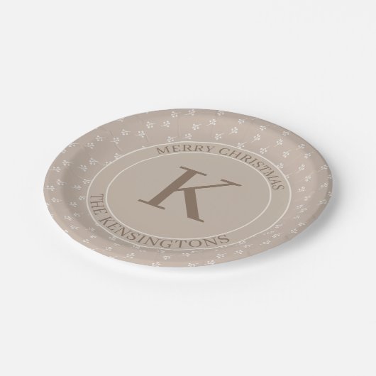 Rustieke Kerstvakantie feestje Beige Monogram Papieren Bordje (Gekanteld)