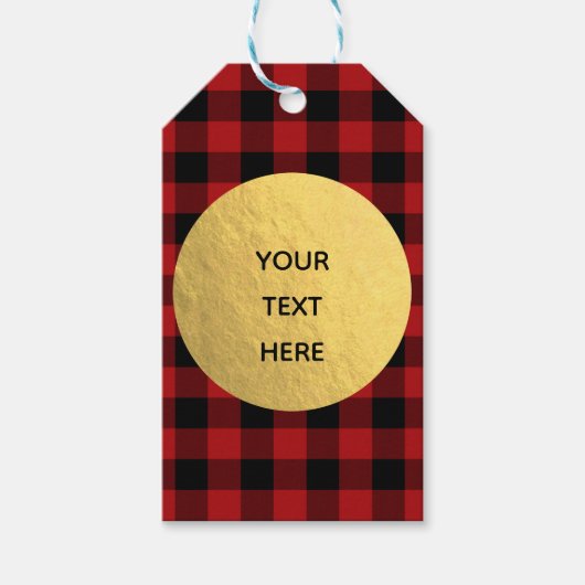 Rustieke kerstvakantie Red Buffalo Plaid Gold Cadeaulabel (Voorkant)