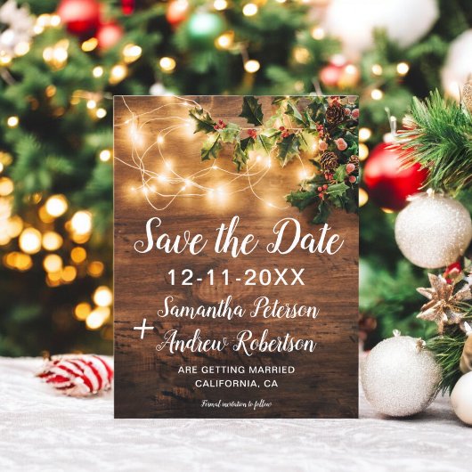 Rustieke kerstverlichting maretak save the date aankondigingskaart