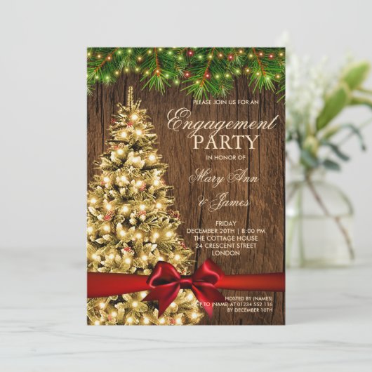 Rustieke kerstverlovingsfeest boom en lint kaart (Staand voorkant)