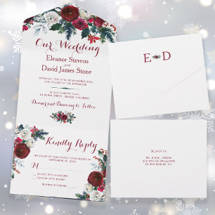 Rustieke Kerstwinter rode bloemenbruiloft RSVP All In One Uitnodiging