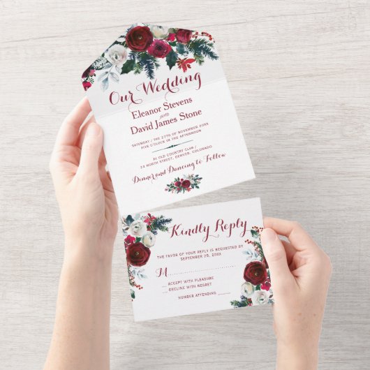 Rustieke Kerstwinter rode bloemenbruiloft RSVP All In One Uitnodiging (Afscheurbaar)