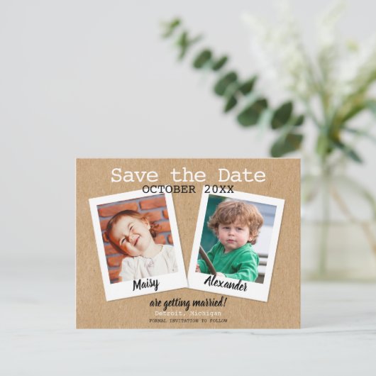 Rustieke kindertijd foto's opslaan van de datum aankondigingskaart (Staand voorkant)