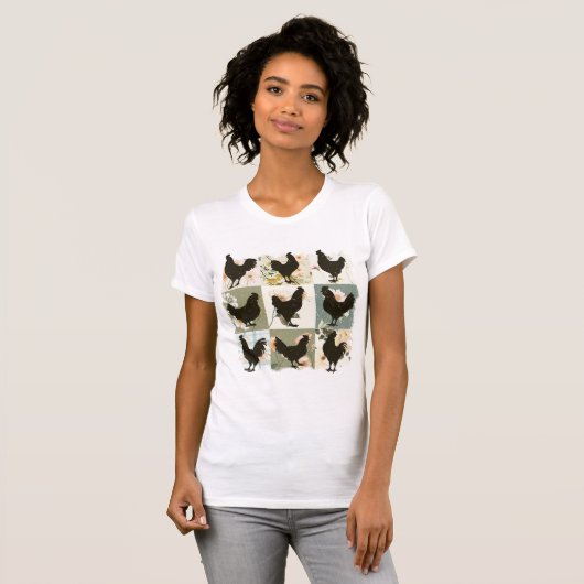 Rustieke Kip Silhouet Boerderij Bloemen T-shirt (Voorkant volledig)