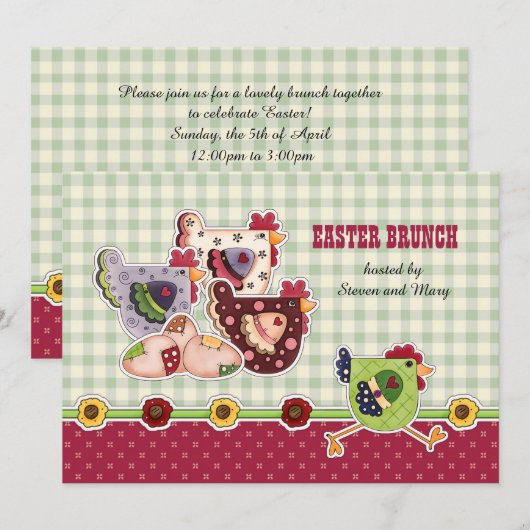 Rustieke Kippen en Haan Ontwerp Paasbrunch Kaart (Voorkant / Achterkant)