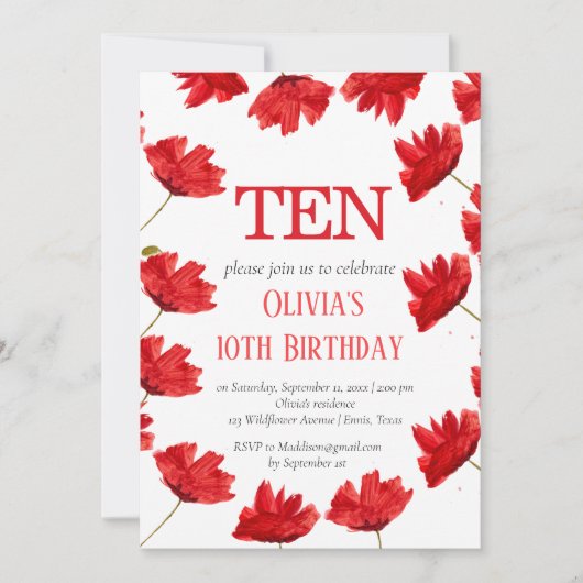 Rustieke klaproos 10e verjaardag wilde bloem rood  kaart (Voorkant)