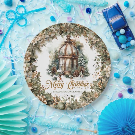 Rustieke klassieke groene en gouden kerstlantaarn papieren bordje (Feest)