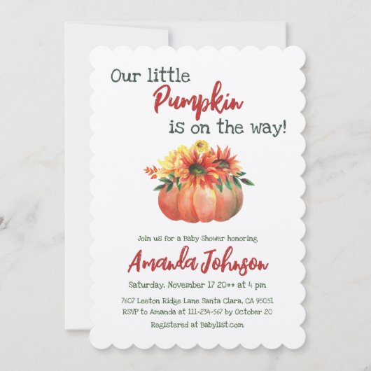 Rustieke Kleine Pompoen Bloemen Herfst Baby shower Kaart (Voorkant)