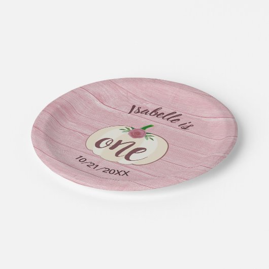 Rustieke kleine pompoen roze 1e verjaardagsfeest papieren bordje (Gekanteld)
