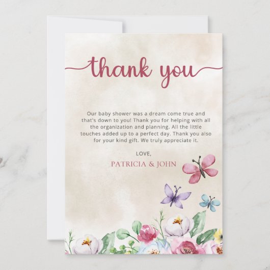 Rustieke kleurrijke bloemenvlinders Baby shower Bedankkaart (Voorkant)