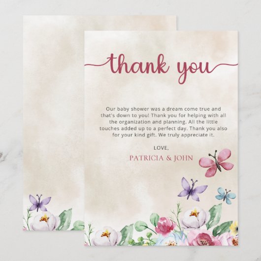 Rustieke kleurrijke bloemenvlinders Baby shower Bedankkaart (Voorkant / Achterkant)