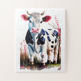 Rustieke Koe Kunst met Bloesems – Boerderij Decor Legpuzzel