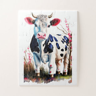 Rustieke Koe Kunst met Bloesems – Boerderij Decor Legpuzzel