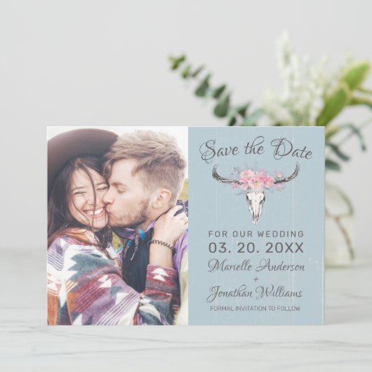 Rustieke Koe Schedel Bloemen Blush Waterverf B Fot Save The Date (Staand voorkant)