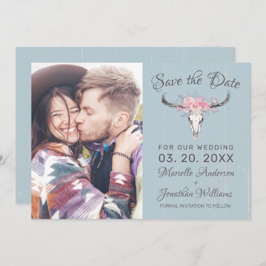 Rustieke Koe Schedel Bloemen Blush Waterverf B Fot Save The Date (Voorkant / Achterkant)