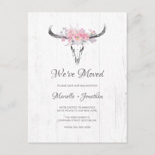 Rustieke Koe schedel Blush Floral Boho Moving Aankondigingskaart (Voorkant)