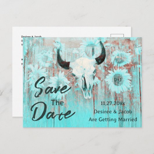 Rustieke Koe schedel Boho Blauwgroen Westerne zonn Aankondigingskaart (Voorkant / Achterkant)