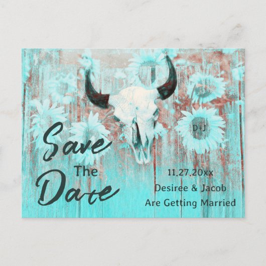Rustieke Koe schedel Boho Blauwgroen Westerne zonn Aankondigingskaart (Voorkant)