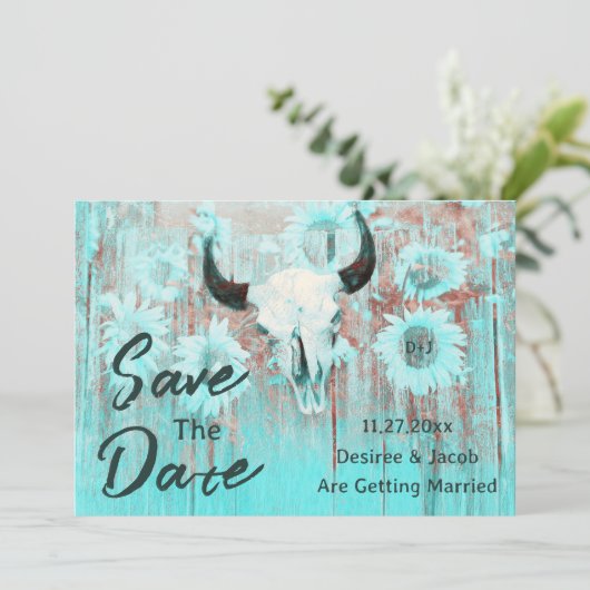 Rustieke Koe schedel Boho Blauwgroen Westerne zonn Save The Date (Staand voorkant)