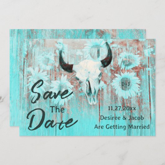 Rustieke Koe schedel Boho Blauwgroen Westerne zonn Save The Date (Voorkant / Achterkant)