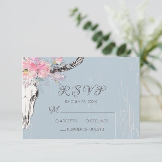 Rustieke Koe schedel Boho Bloemen Blush Waterverf  RSVP Kaartje (Staand voorkant)