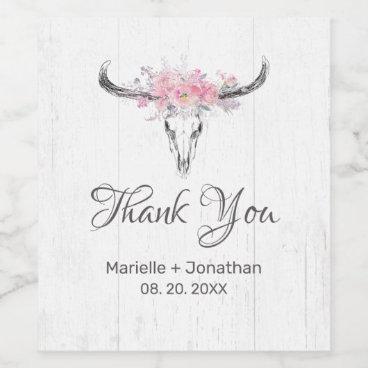 Rustieke Koe schedel Boho Bloemen Blush Waterverf Wijn Etiket (Enkel label)