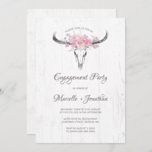 Rustieke Koe Schedel Boho Bloemen Wit Verloving Kaart (Voorkant / Achterkant)