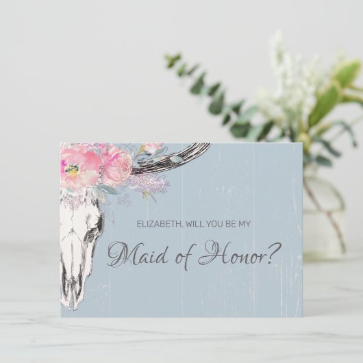 Rustieke Koe schedel Boho Blush Bloemen Maid of Ho Kaart (Staand voorkant)
