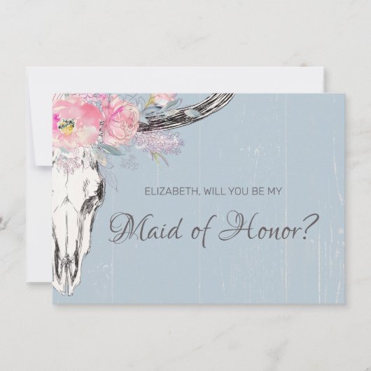 Rustieke Koe schedel Boho Blush Bloemen Maid of Ho Kaart (Voorkant)