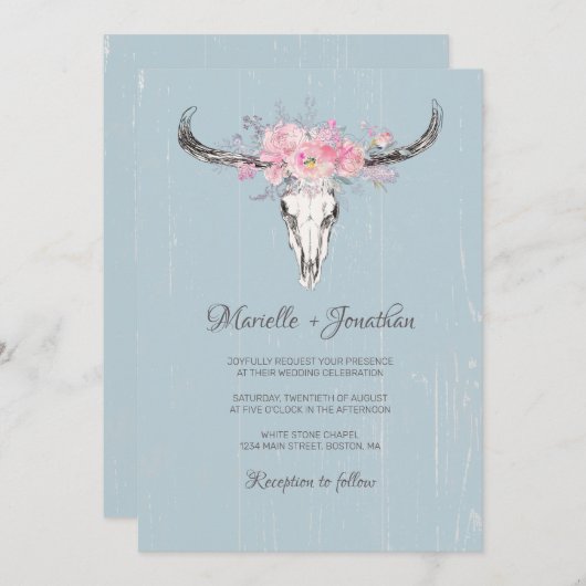 Rustieke Koe schedel Boho Blush Bloemen Waterverf  Kaart (Voorkant / Achterkant)