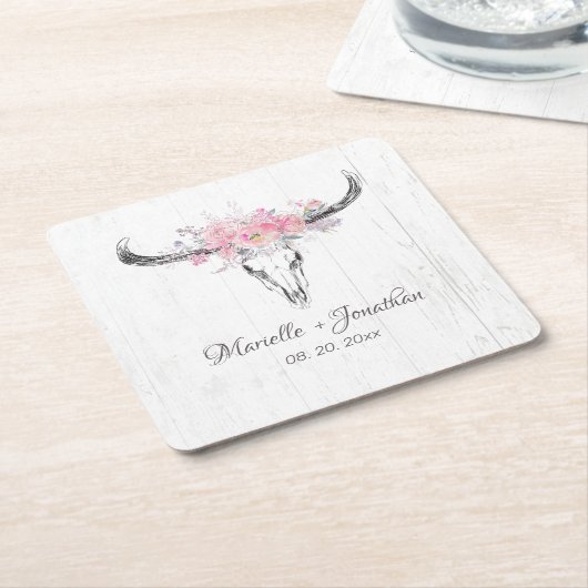 Rustieke Koe schedel Boho Blush Roze Waterverf Blo Kartonnen Onderzetters (Schuin)