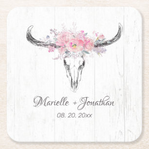 Rustieke Koe schedel Boho Blush Roze Waterverf Blo Kartonnen Onderzetters