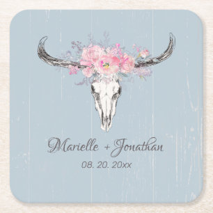 Rustieke Koe schedel Boho Blush Roze Waterverf Blo Kartonnen Onderzetters