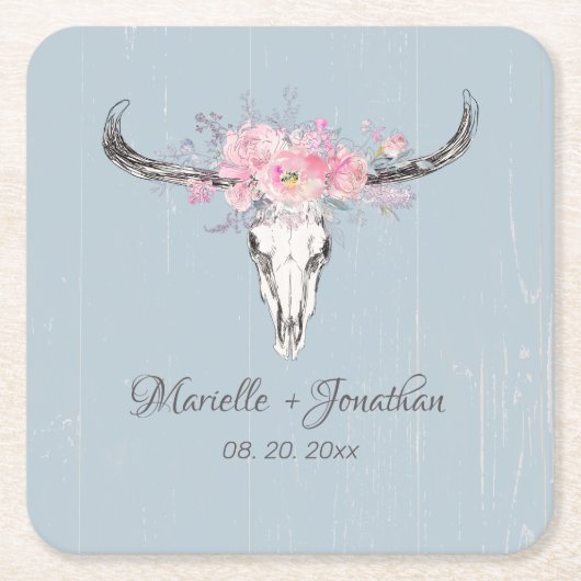 Rustieke Koe schedel Boho Blush Roze Waterverf Blo Kartonnen Onderzetters (Voorkant)