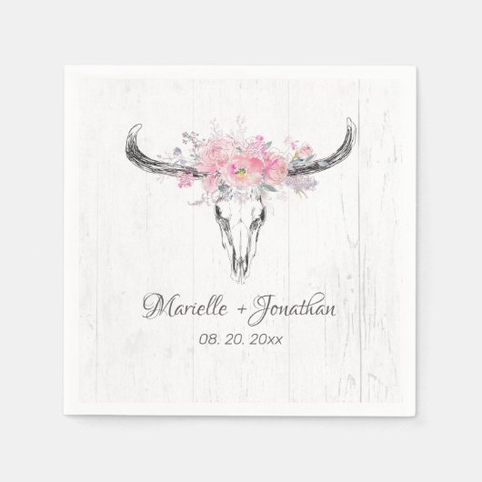 Rustieke Koe schedel Boho Blush Roze Waterverf Blo Servet (Voorkant)