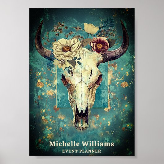 Rustieke Koe schedel Floral Boho Western Business  Poster (Voorkant)
