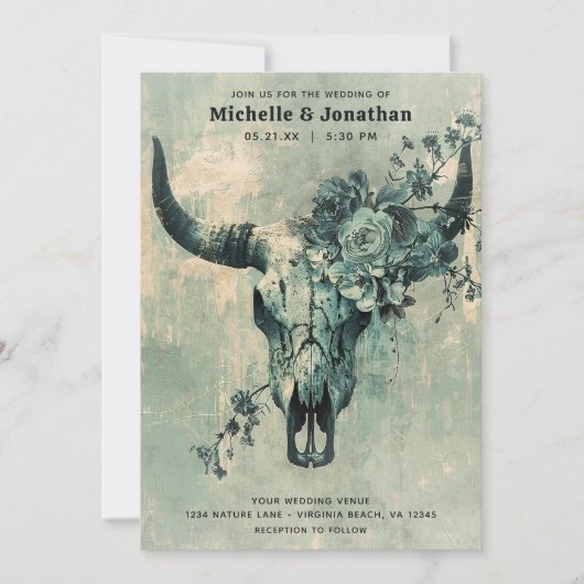 Rustieke Koe schedel Floral Boho Westerne bruiloft Kaart (Voorkant)