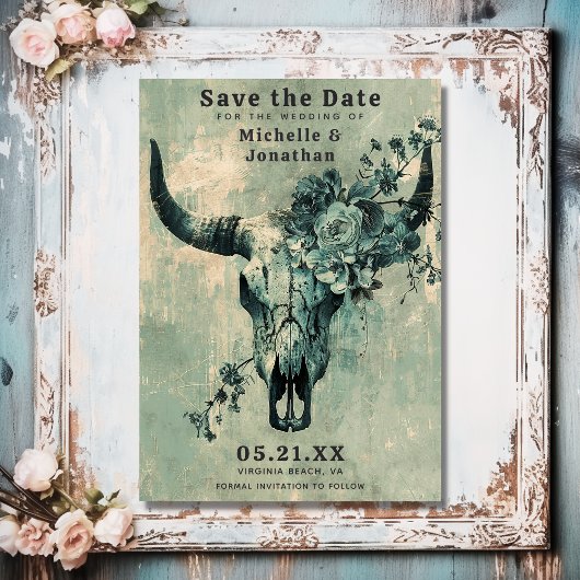 Rustieke Koe schedel Floral Boho Westerne bruiloft Save The Date