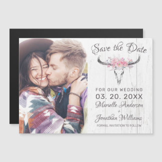 Rustieke Koe Skull Blush Floral Foto Save the Date Magnetische Uitnodiging