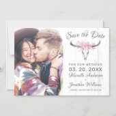 Rustieke Koe Skull Blush Floral Foto Save the Date Magnetische Uitnodiging (Voorkant)