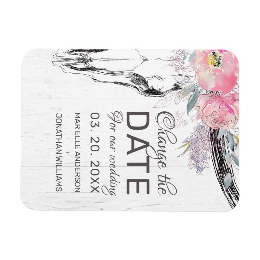 Rustieke Koe Skull Boho Bloemblush Wijzig de datum Magneet (Horizontaal)