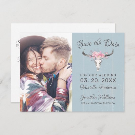 Rustieke Koe Skull Boho Floral Foto B Save the Dat Aankondigingskaart (Voorkant / Achterkant)