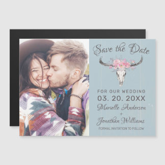 Rustieke Koe Skull Floral Blue Foto Save the Date Magnetische Uitnodiging